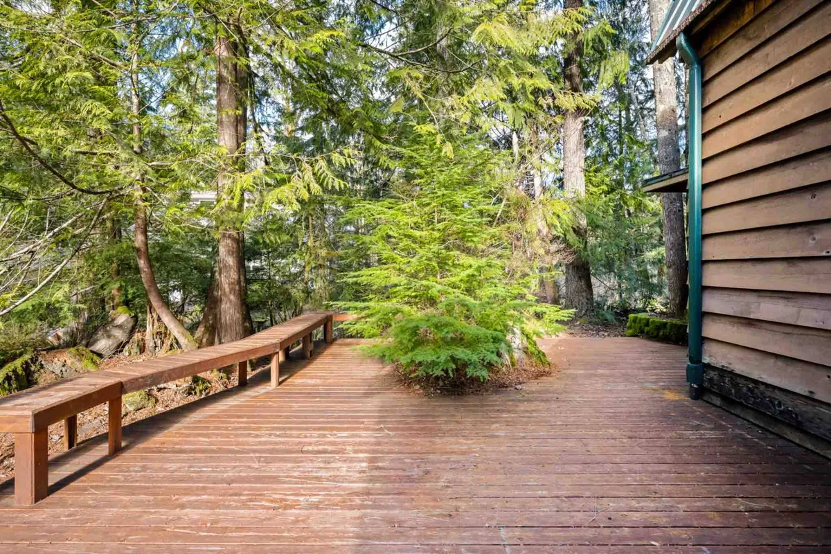 A peaceful view of the cabin’s wooden deck set among surrounding trees. The deck is an ideal spot for relaxing, enjoying morning coffee, or unwinding after outdoor activities like hiking and kayaking. The setting is tranquil, reinforcing the cabin’s retreat-like atmosphere.